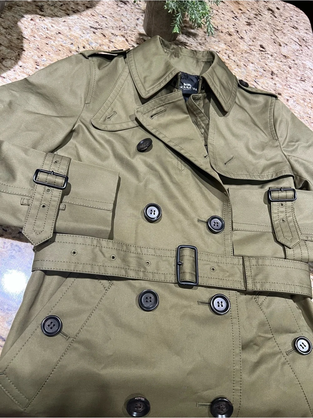 Coach Olive Green Double-Breasted Mid Trench Coat with Belt XXSmall